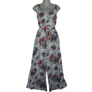 G Giuliana ST Stretch Knit Jumpsuit high waist wide leg White Floral small tall